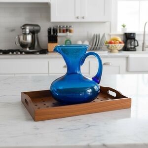 Vintage Rainbow Art Glass Co 1950s Hand Blown‎ Pitcher Vase Optic Blue MCM 5.5"